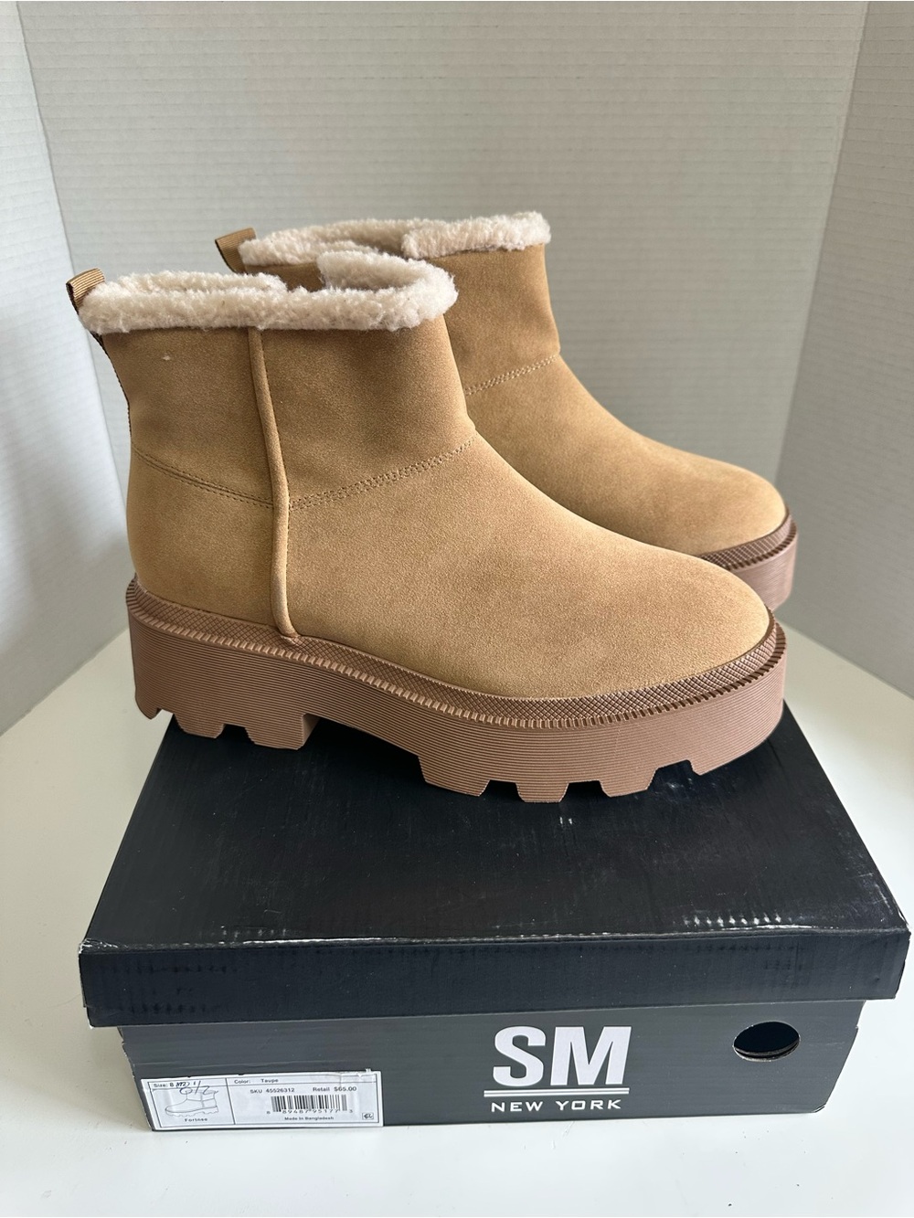 SM New York Tan Suede Faux-Shearling Platform Ankle Booties